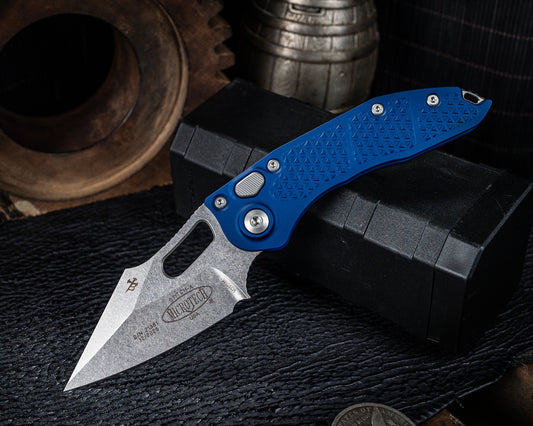 Microtech Stitch Auto Navy Single Edge Stonewash 3.75" Blade