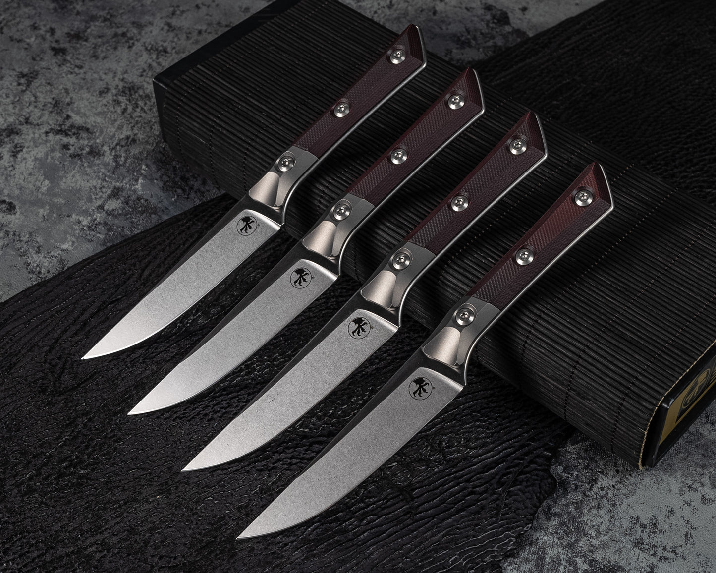 Microtech Knives Steak Knife Set Stonewash Ti Bolster 4.5" Black Cherry G-10 M390