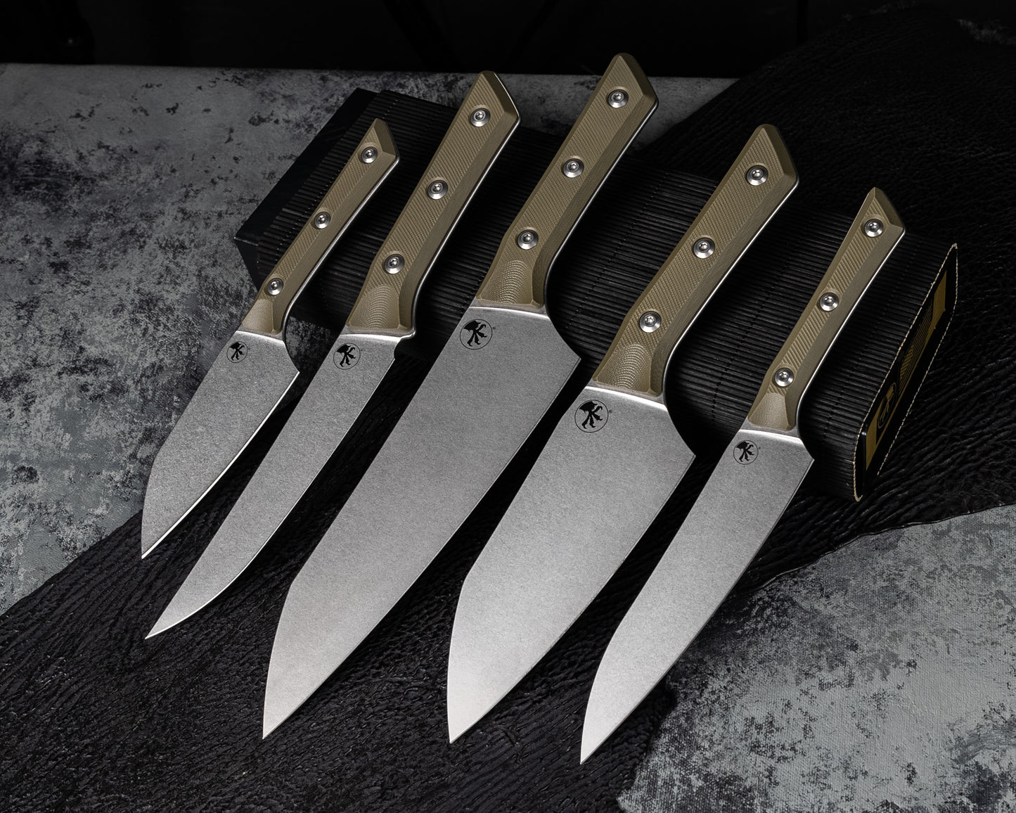 Set of Microtech Chef Knives M390 Stonewash Standard w/ OD Green G-10 Handles