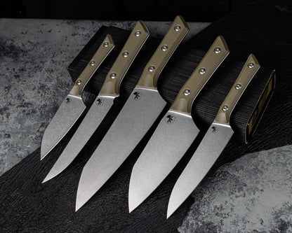 Set of Microtech Chef Knives M390 Stonewash Standard w/ OD Green G-10 Handles