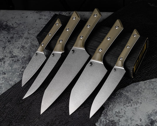 Set of Microtech Chef Knives M390 Stonewash Standard w/ OD Green G-10 Handles