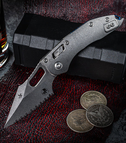 Microtech Marfione Select Stitch Ram-Lok w/ Blue Accent Full Serrated Stonewash Finish Slab Side Titanium