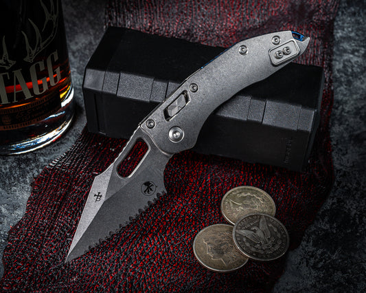 Microtech Marfione Select Stitch Ram-Lok w/ Blue Accent Full Serrated Stonewash Finish Slab Side Titanium