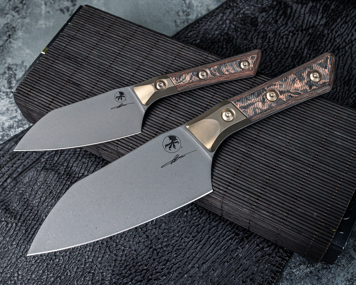 Microtech 6" Santoku Knife DLC Standard Titanium Bolster Live Wire Carbon Fiber Signature Series