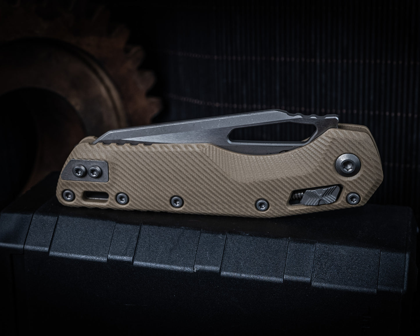 Microtech MSI Ram-LOK Manual Folder Fluted Tan G10 3.75" Apocalyptic Stonewash