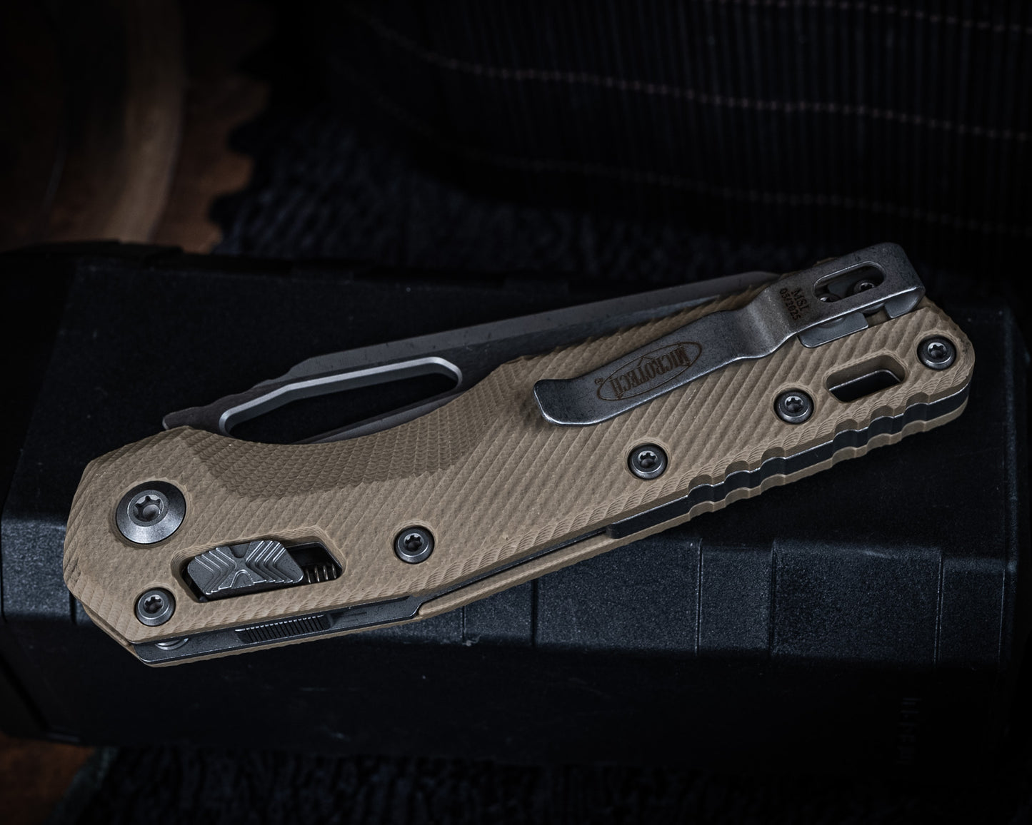 Microtech MSI Ram-LOK Manual Folder Fluted Tan G10 3.75" Apocalyptic Stonewash