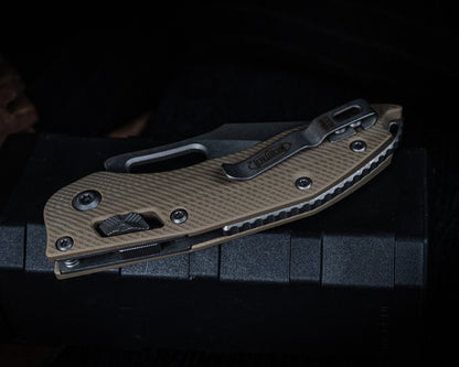 Stitch Ram-Lok Apocalyptic Fluted G-10 Tan Full Serrate 3.75" Blade