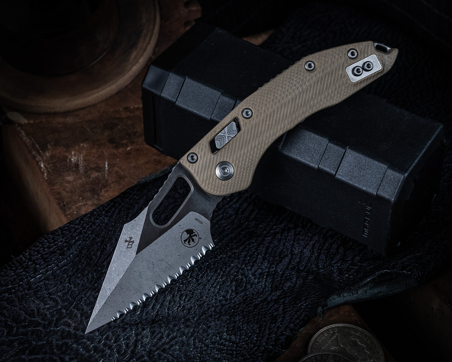 Stitch Ram-Lok Apocalyptic Fluted G-10 Tan Full Serrate 3.75" Blade