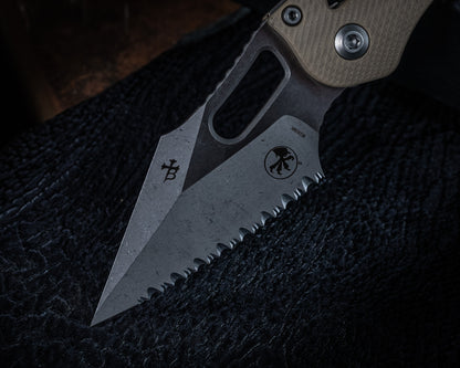 Stitch Ram-Lok Apocalyptic Fluted G-10 Tan Full Serrate 3.75" Blade