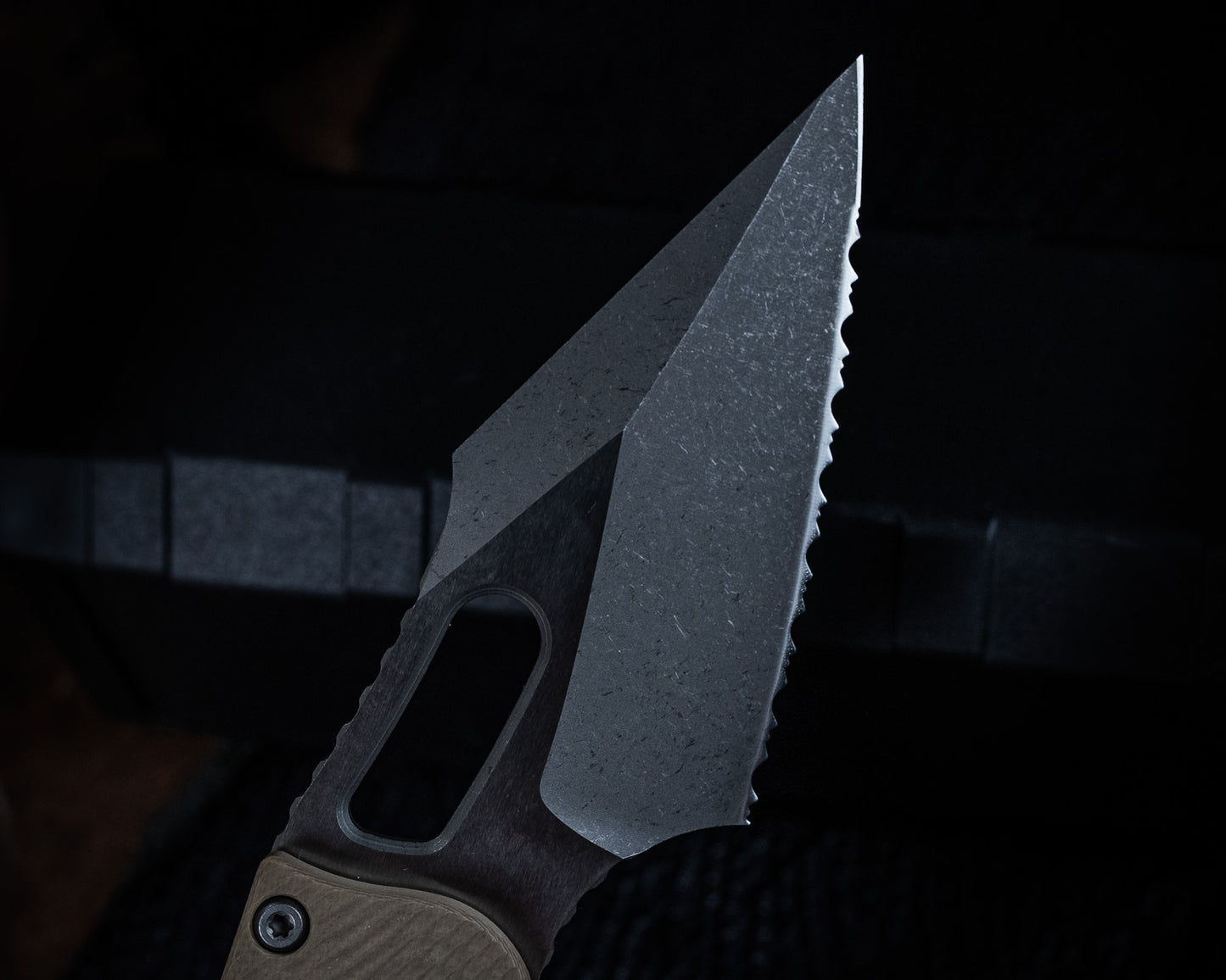 Stitch Ram-Lok Apocalyptic Fluted G-10 Tan Full Serrate 3.75" Blade